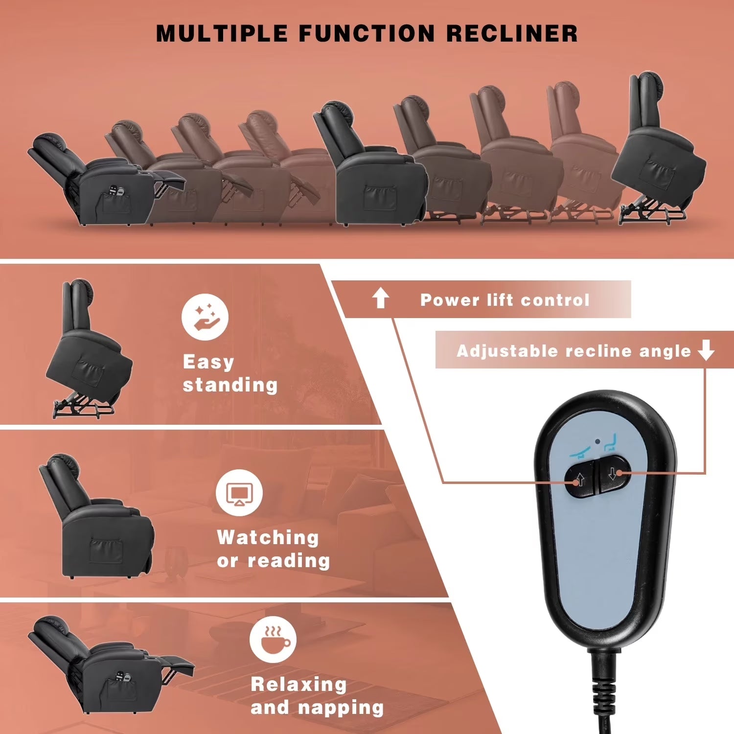 Power Lift Recliner with Massage, Black Faux Leathair