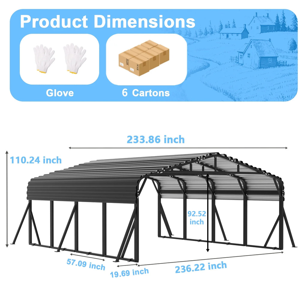 20X20Ft Heavy-Duty Metal Carport, Outdoor Car Port Canopy with Reinforced Iron Frame, All-Weather Shelter for Cars, Trucks & Boats, Easy Assembly
