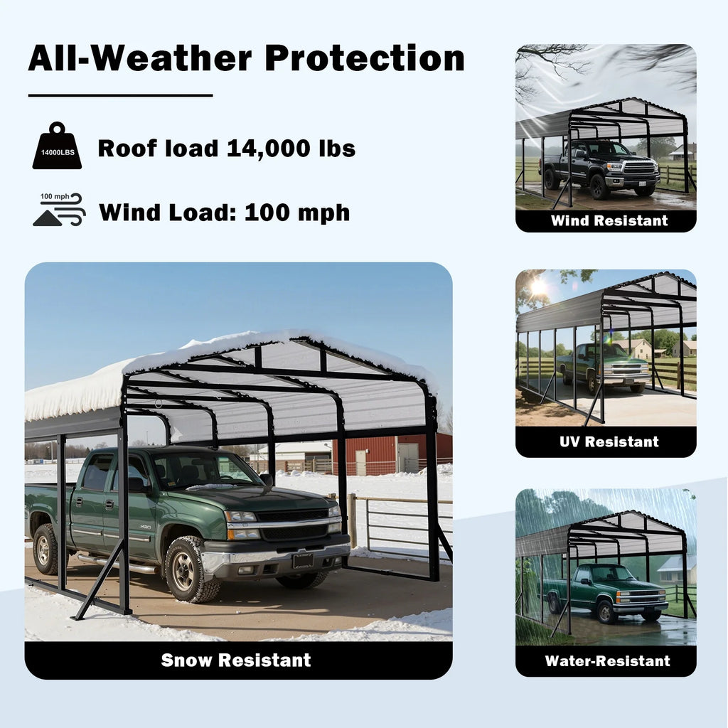 20X20Ft Heavy-Duty Metal Carport, Outdoor Car Port Canopy with Reinforced Iron Frame, All-Weather Shelter for Cars, Trucks & Boats, Easy Assembly