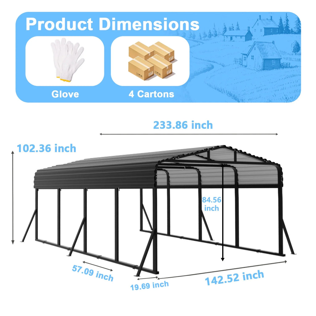 12X20Ft Heavy-Duty Metal Carport, Outdoor Car Port Canopy with Reinforced Iron Frame, All-Weather Shelter for Cars, Trucks & Boats, Easy Assembly