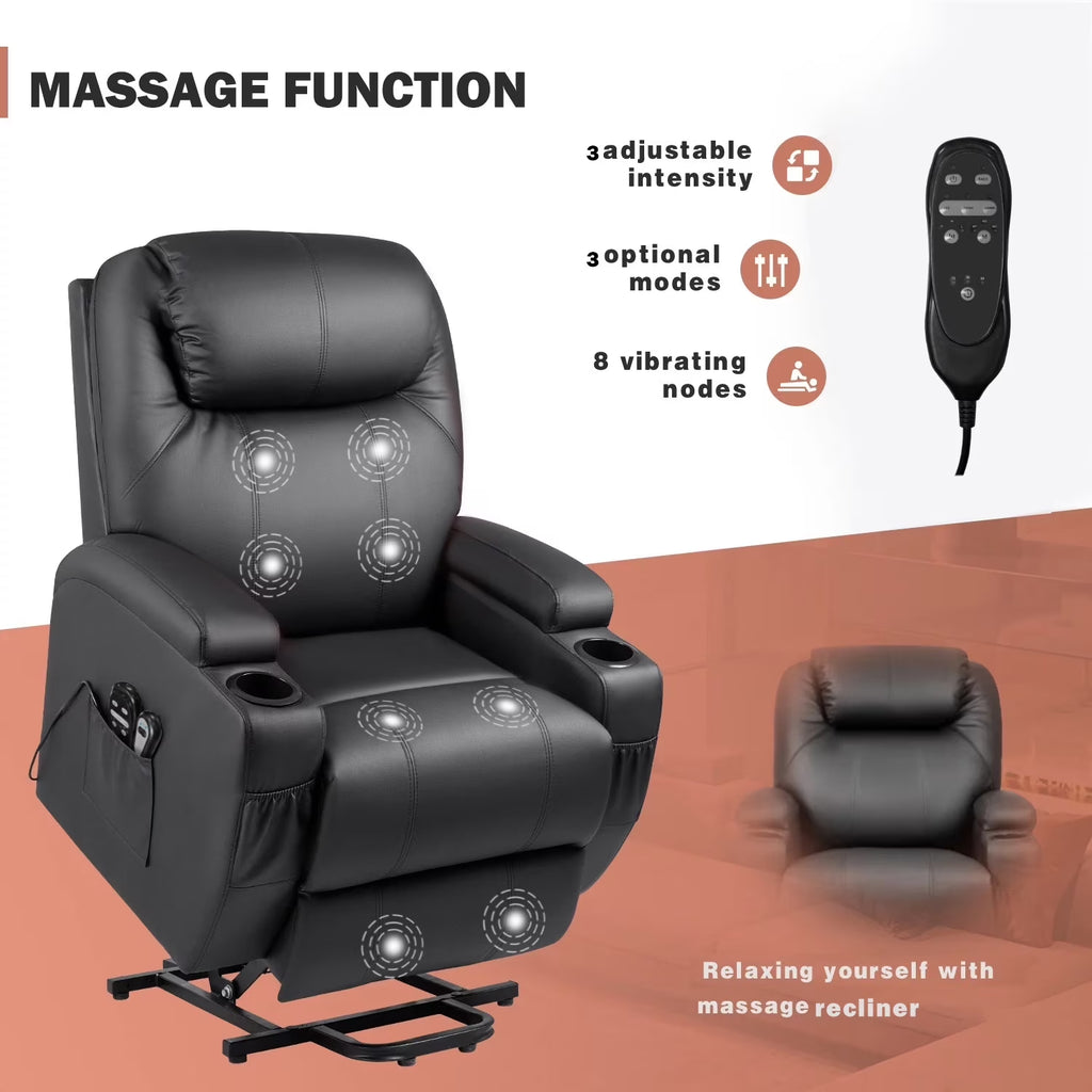 Power Lift Recliner with Massage, Black Faux Leathair