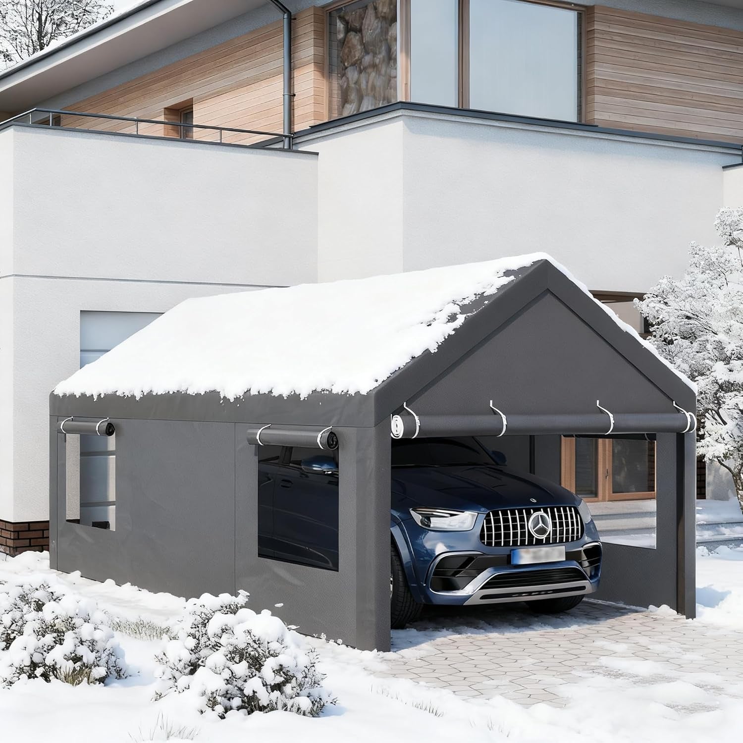 12X20 Ft Carport, Heavy Duty Carport with Roll-Up Windows, Grey