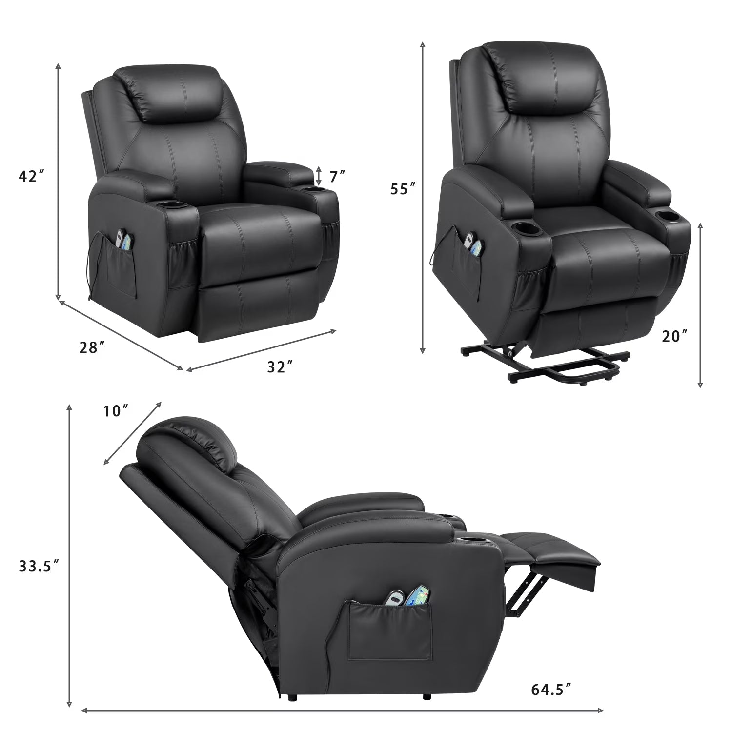 Power Lift Recliner with Massage, Black Faux Leathair