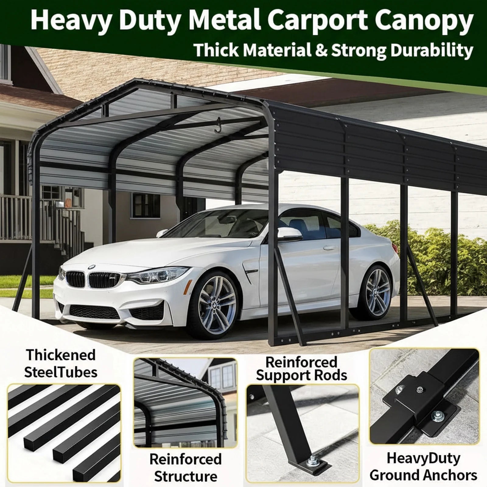 12X20Ft Heavy-Duty Metal Carport, Outdoor Car Port Canopy with Reinforced Iron Frame, All-Weather Shelter for Cars, Trucks & Boats, Easy Assembly