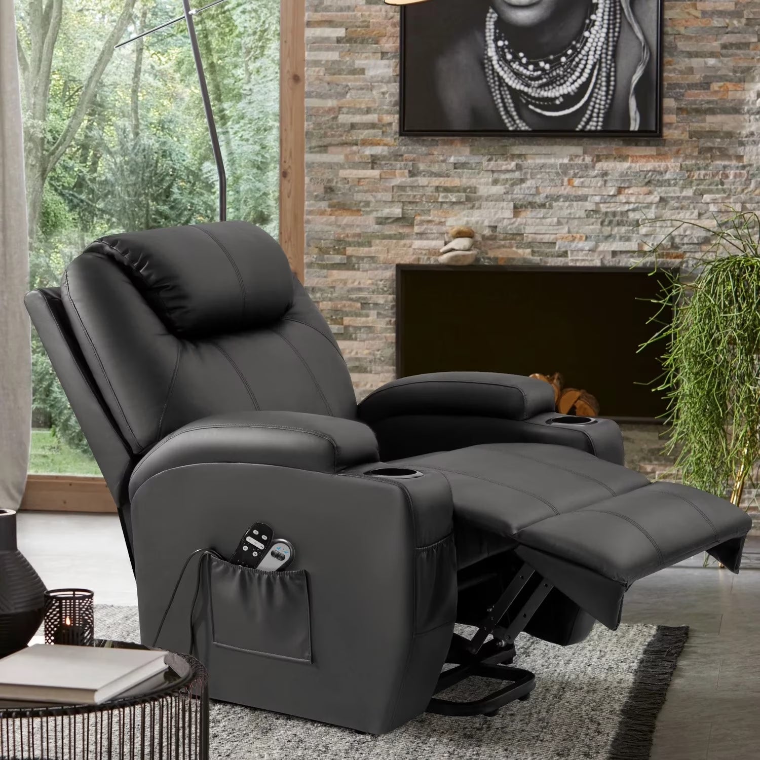 Power Lift Recliner with Massage, Black Faux Leathair