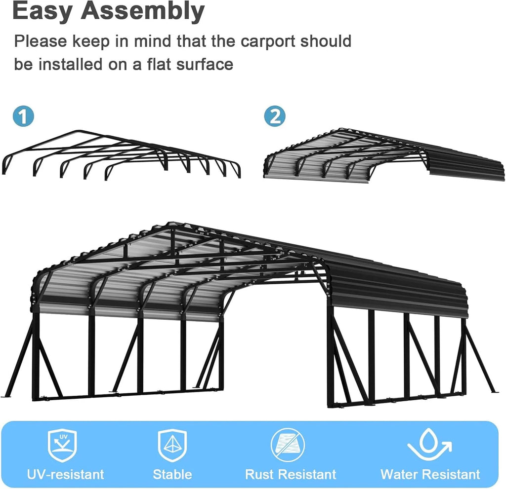 20X20Ft Heavy-Duty Metal Carport, Outdoor Car Port Canopy with Reinforced Iron Frame, All-Weather Shelter for Cars, Trucks & Boats, Easy Assembly